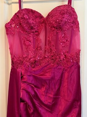 Fuchsia Satin Corset Slit Formal